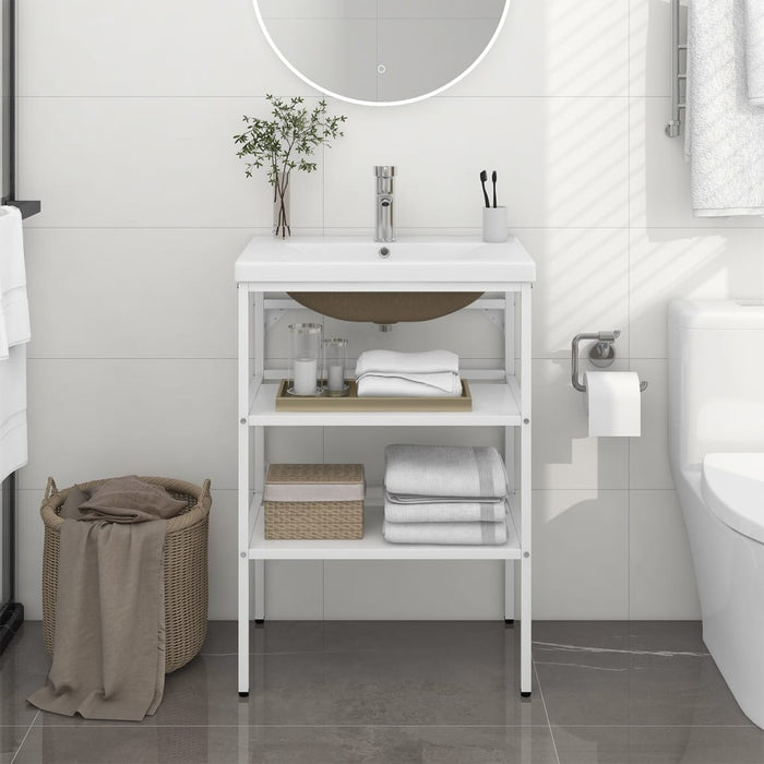 vidaXL Bathroom Washbasin Frame with Built-in Basin White Iron