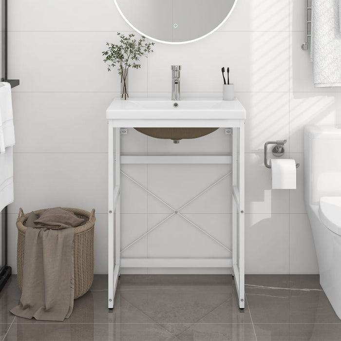 vidaXL Bathroom Washbasin Frame with Built-in Basin White Iron