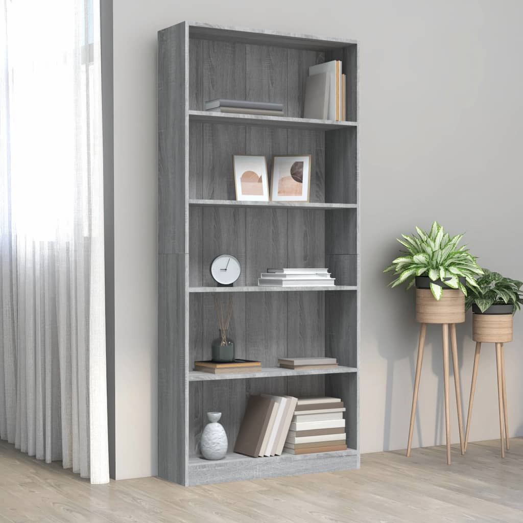 vidaXL 5-Tier Book Cabinet Grey Sonoma 80x24x175 cm Engineered Wood