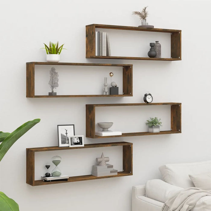 vidaXL Wall Cube Shelves 4 pcs Smoked Oak 100x15x30 cm Engineered Wood