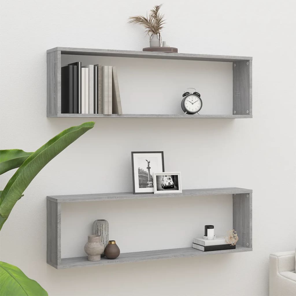 vidaXL Wall Cube Shelves 2 pcs Grey Sonoma 100x15x30 cm Engineered Wood