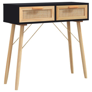 vidaXL Console Table Black 80x30x75 cm Solid Wood Pine&Natural Rattan