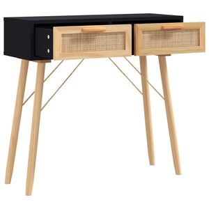 vidaXL Console Table Black 80x30x75 cm Solid Wood Pine&Natural Rattan