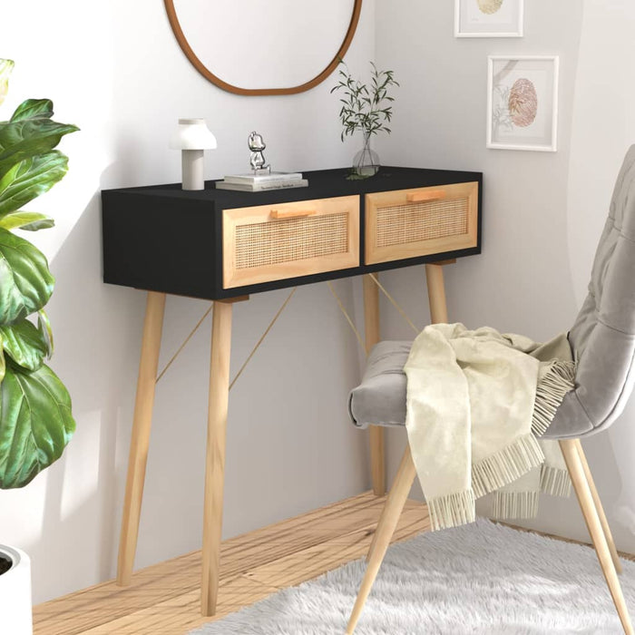 vidaXL Console Table Black 80x30x75 cm Solid Wood Pine&Natural Rattan