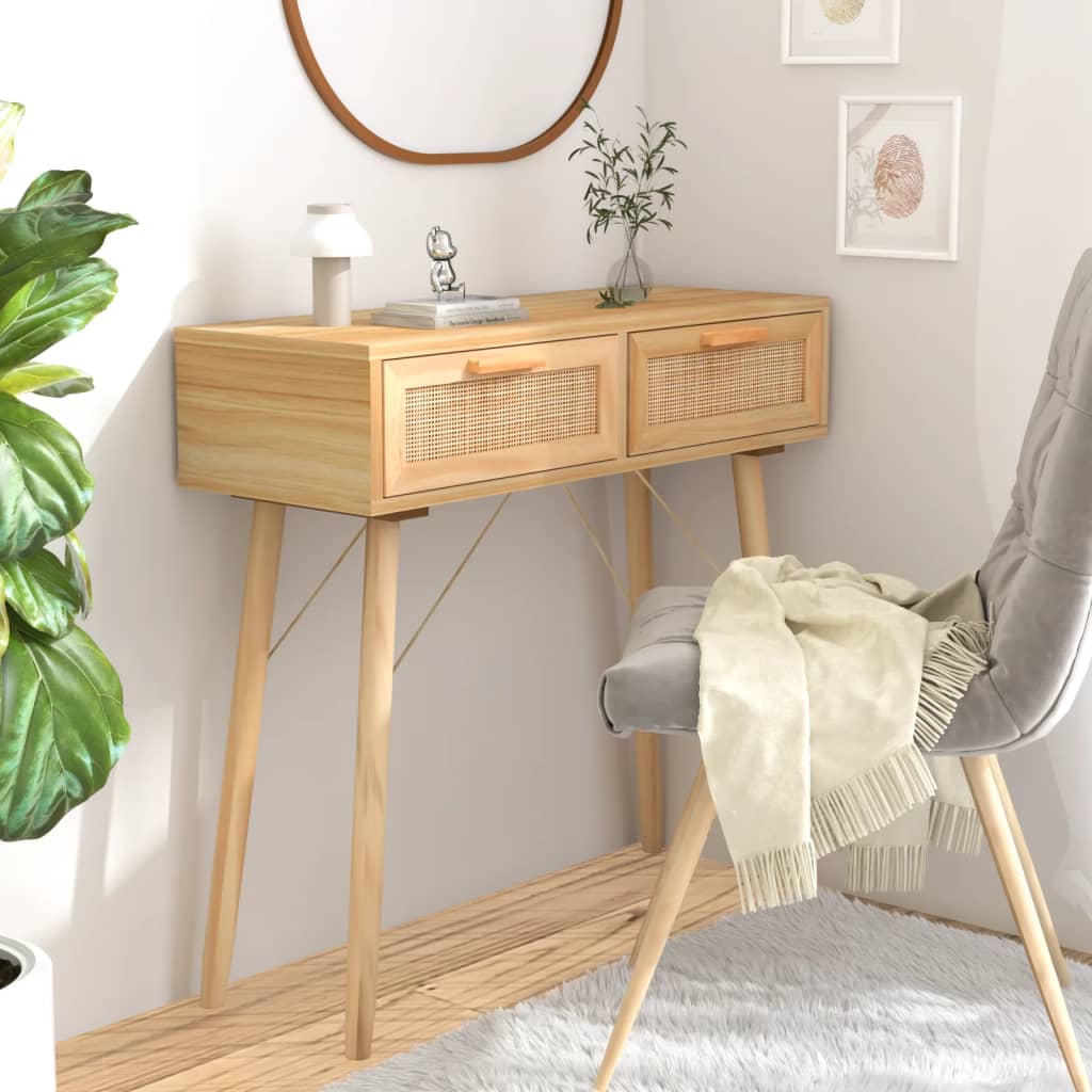 vidaXL Console Table Brown 80x30x75 cm Solid Wood Pine&Natural Rattan