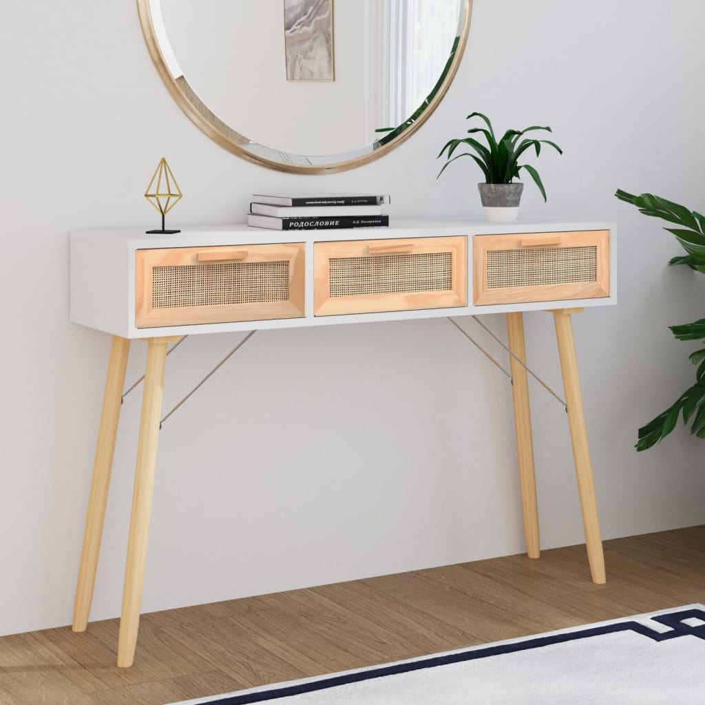 vidaXL Console Table White 105x30x75 cm Solid Wood Pine&Natural Rattan