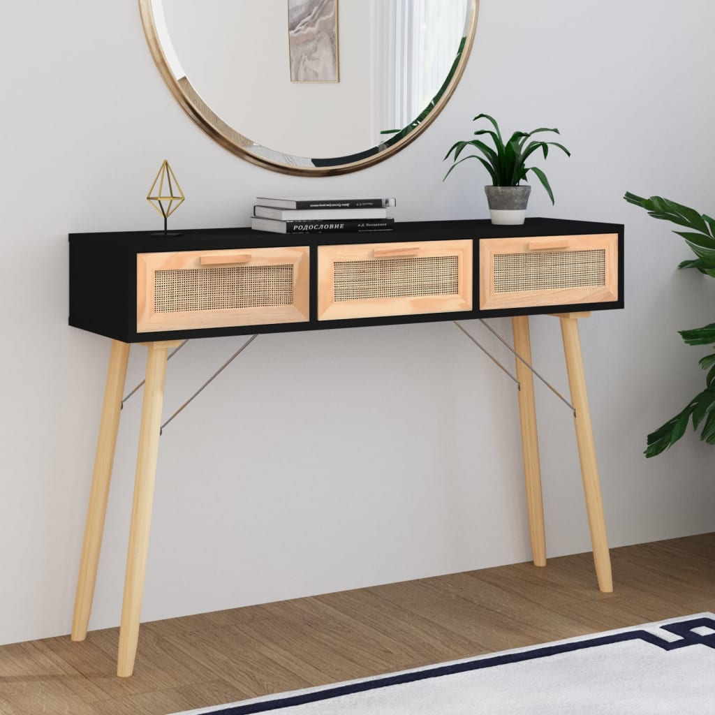 vidaXL Console Table Black 105x30x75 cm Solid Wood Pine&Natural Rattan