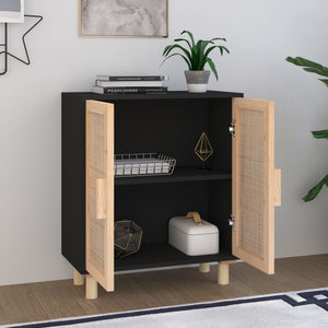 vidaXL Sideboard Black 60x30x70 cm Solid Wood Pine and Natural Rattan