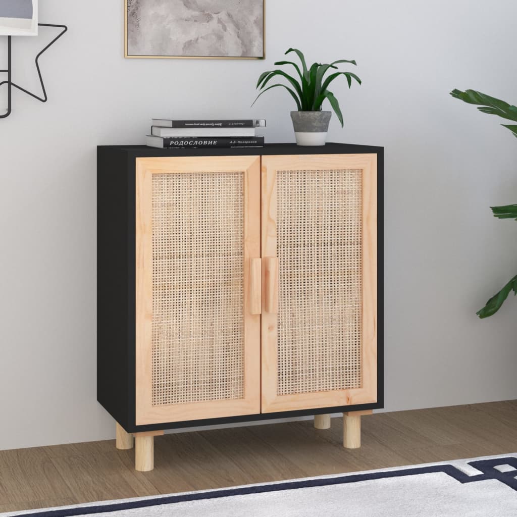 vidaXL Sideboard Black 60x30x70 cm Solid Wood Pine and Natural Rattan