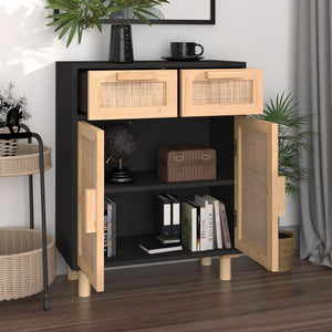 vidaXL Sideboard Black 60x30x75 cm Solid Wood Pine and Natural Rattan