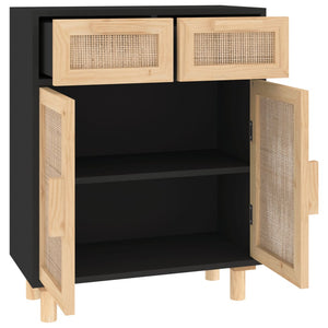 vidaXL Sideboard Black 60x30x75 cm Solid Wood Pine and Natural Rattan