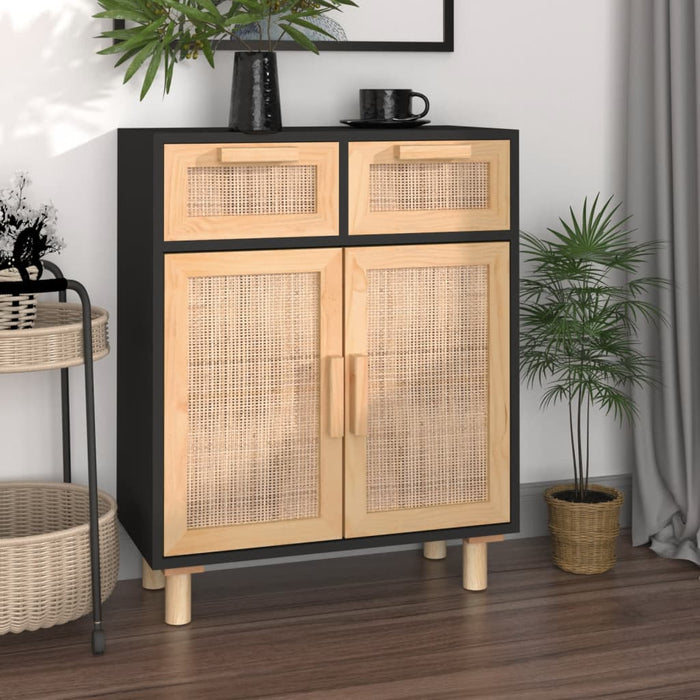 vidaXL Sideboard Black 60x30x75 cm Solid Wood Pine and Natural Rattan