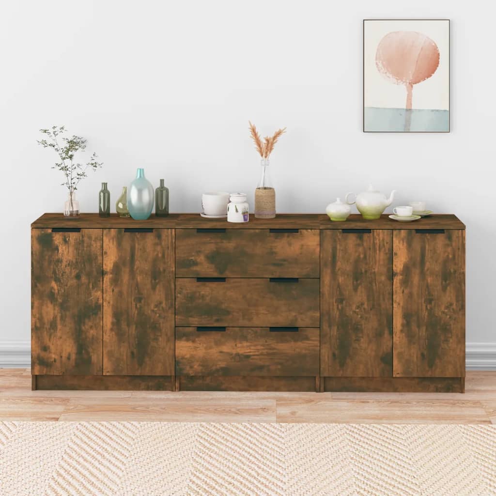 vidaXL 3 Piece Sideboards Smoked Oak Engineered Wood