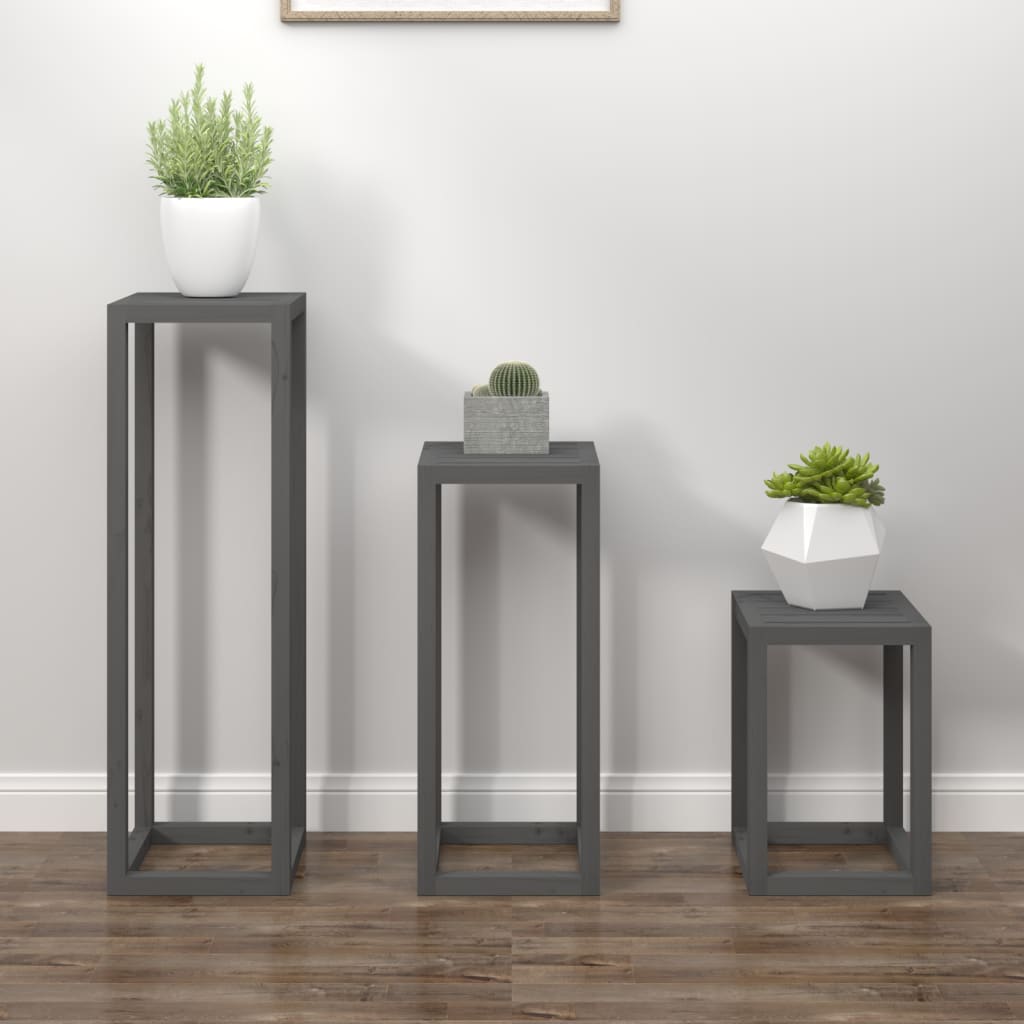 vidaXL 3 Piece Plant Stand Set Grey Solid Wood Pine