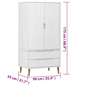 vidaXL Wardrobe MOLDE White 90x55x175 cm Solid Wood Pine