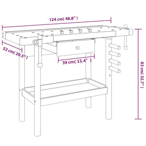 vidaXL Workbench with Drawer and Vices 124x52x83 cm Solid Wood Acacia