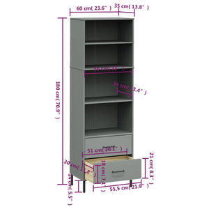 vidaXL Bookcase with 2 Drawers Grey 60x35x180 cm Solid Wood OSLO