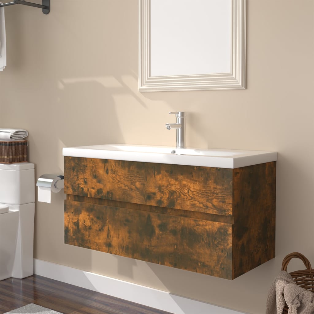 vidaXL Sink Cabinet with Built-in Basin Smoked Oak Engineered Wood