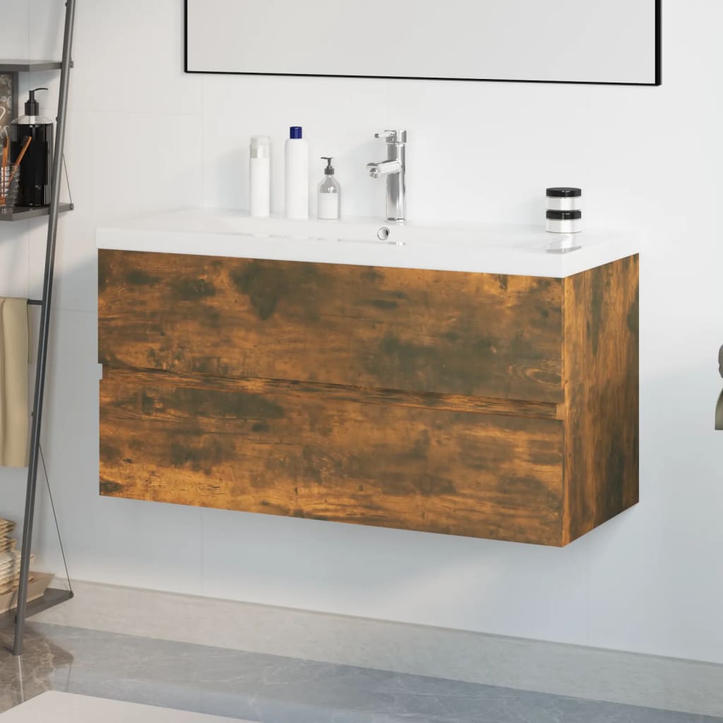 vidaXL Sink Cabinet with Built-in Basin Smoked Oak Engineered Wood