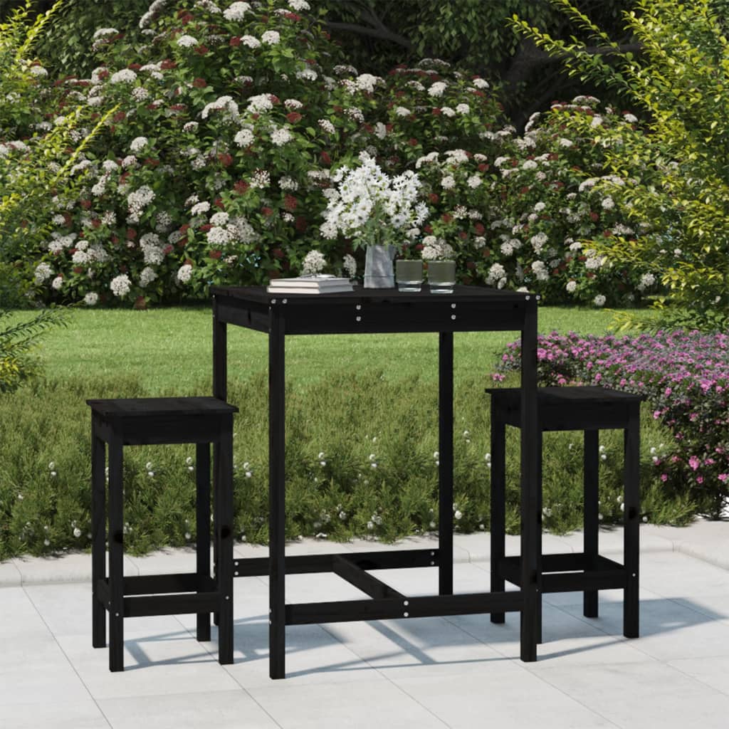 vidaXL 3 Piece Garden Bar Set Black Solid Wood Pine