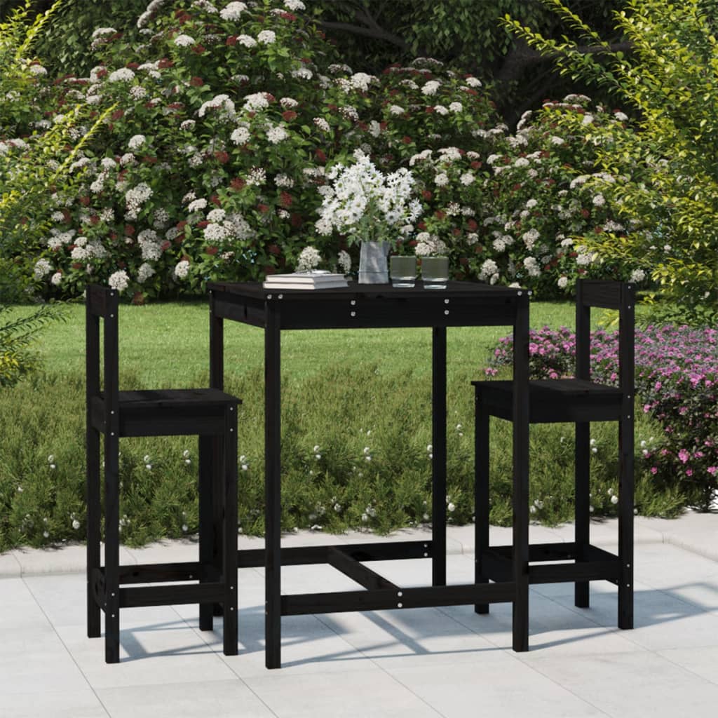 vidaXL 3 Piece Garden Bar Set Black Solid Wood Pine