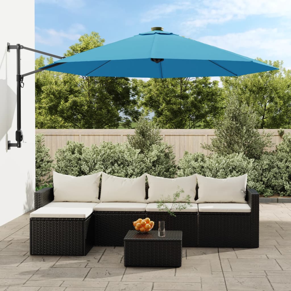 vidaXL Wall-mounted Parasol with LEDs Sea Blue 290cm