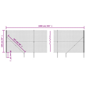 vidaXL Wire Mesh Fence with Spike Anchors Anthracite 1.4x10 m