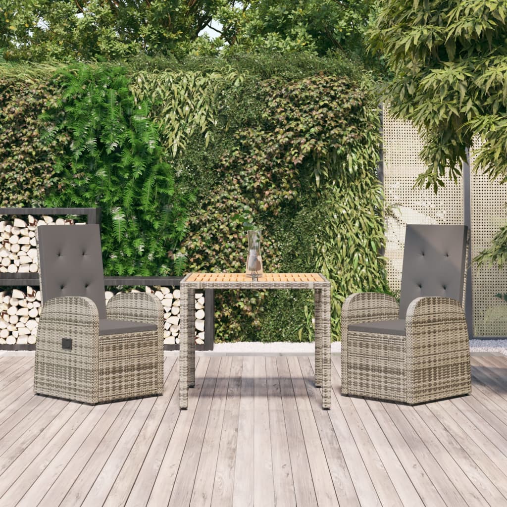 vidaXL 3 Piece Garden Dining Set Grey Poly Rattan&Solid Wood Acacia