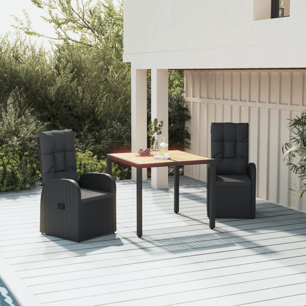 vidaXL 3 Piece Garden Dining Set Black Poly Rattan&Solid Wood Acacia