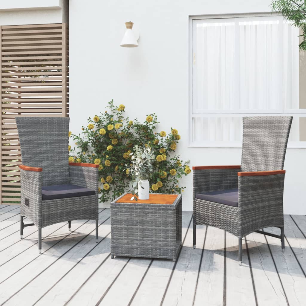 vidaXL 3 Piece Garden Lounge Set Grey Poly Rattan&Solid Wood Acacia