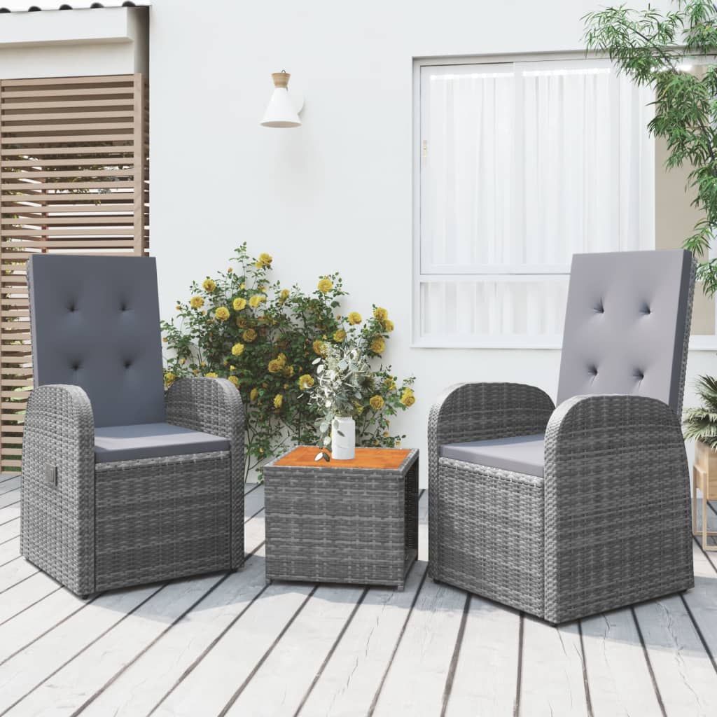 vidaXL 3 Piece Garden Lounge Set Grey Poly Rattan&Solid Wood Acacia