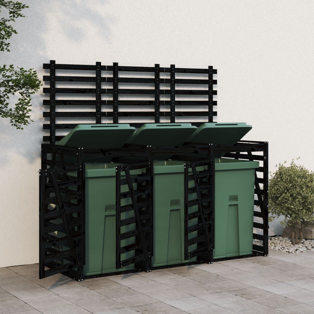 vidaXL Triple Wheelie Bin Storage Black Solid Wood Pine