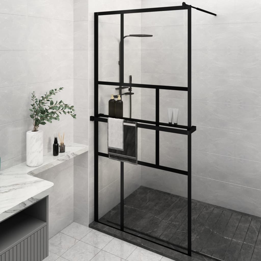 vidaXL Walk-in Shower Wall with Shelf Black 115x195 cm ESG Glass&Aluminium