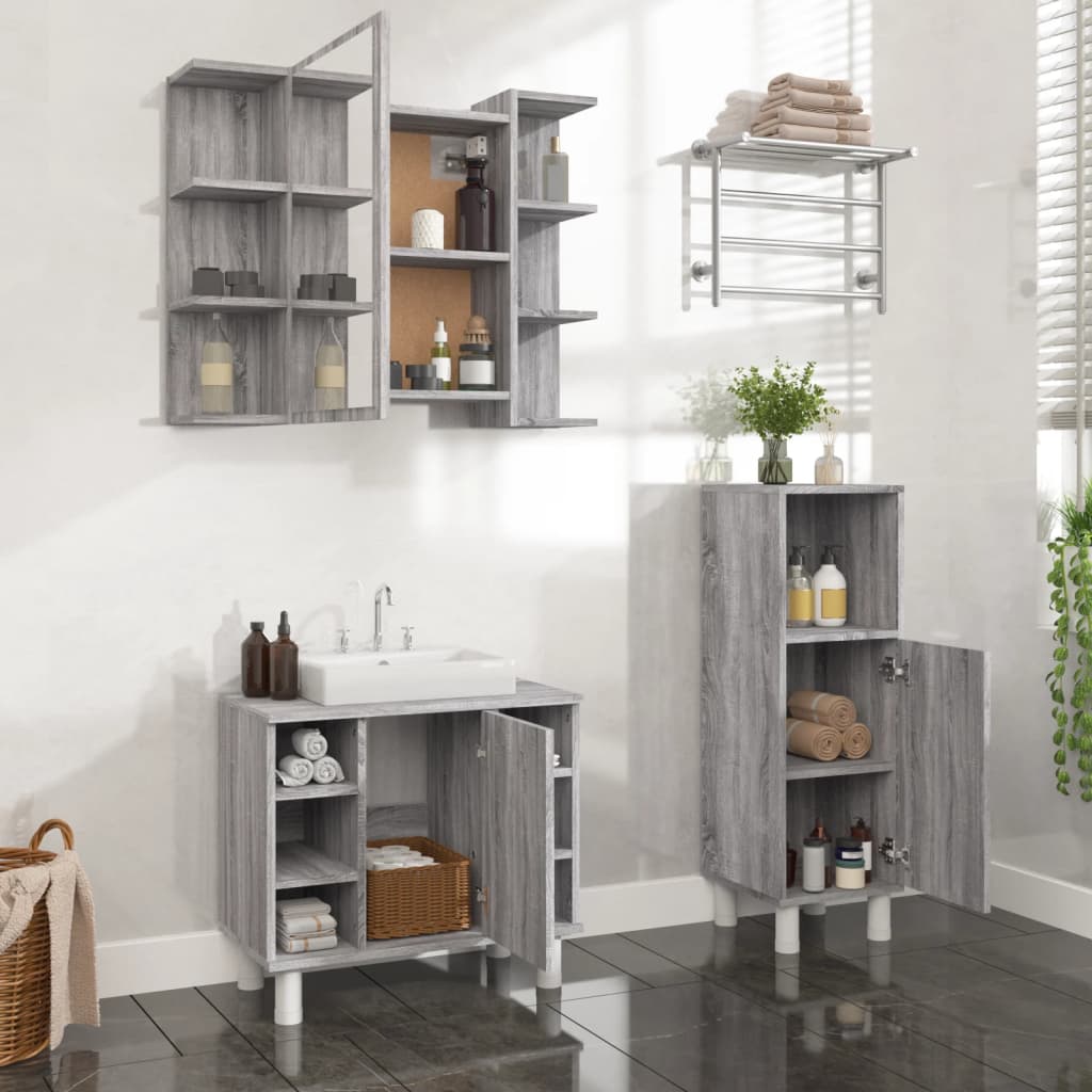 vidaXL 3 Piece Bathroom Cabinet Set Grey Sonoma Engineered Wood