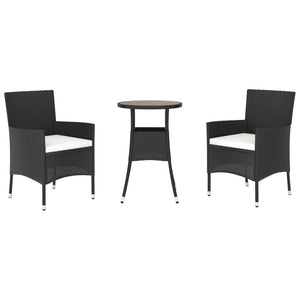 vidaXL 3 Piece Garden Bistro Set with Cushions Black Poly Rattan