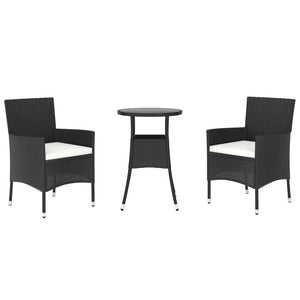 vidaXL 3 Piece Garden Bistro Set with Cushions Black Poly Rattan