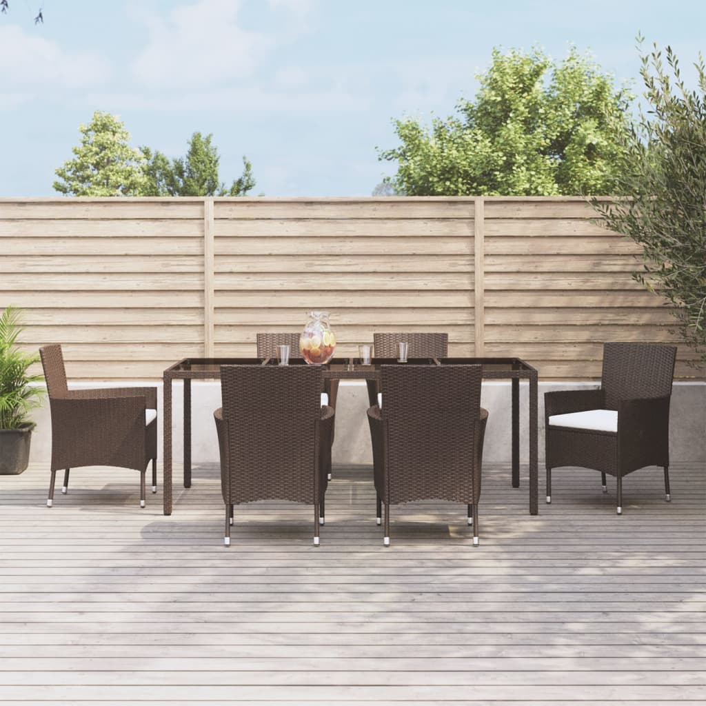 vidaXL 7 Piece Garden Dining Set with Cushions Brown Poly Rattan