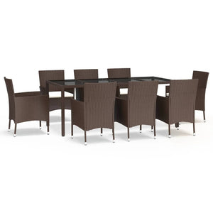 vidaXL 9 Piece Garden Dining Set with Cushions Brown Poly Rattan