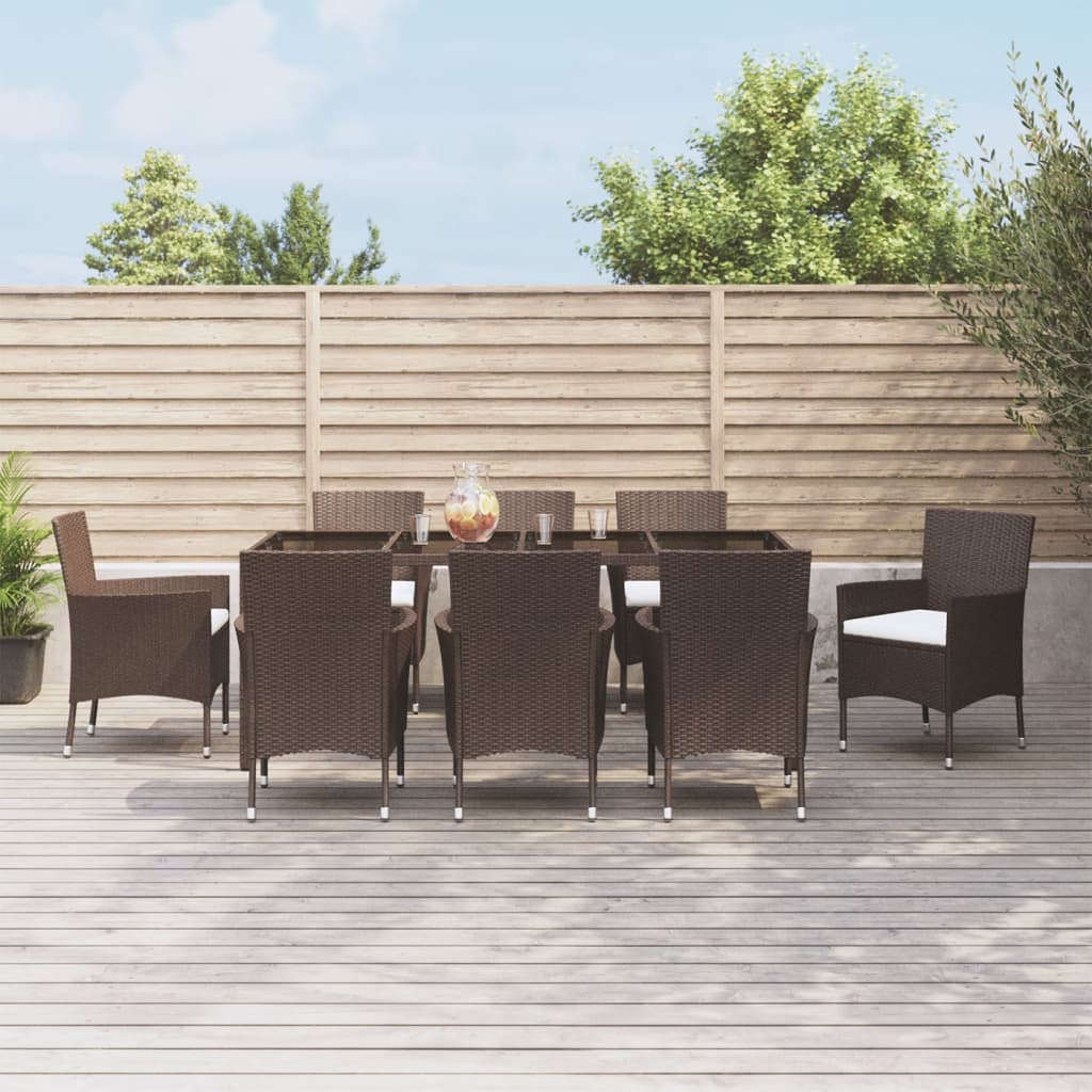 vidaXL 9 Piece Garden Dining Set with Cushions Brown Poly Rattan