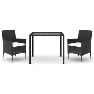 vidaXL 3 Piece Garden Dining Set with Cushions Black Poly Rattan