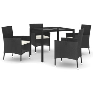 vidaXL 5 Piece Garden Dining Set with Cushions Black Poly Rattan