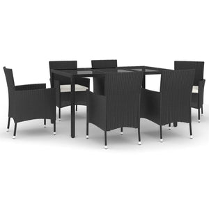 vidaXL 7 Piece Garden Dining Set with Cushions Black Poly Rattan