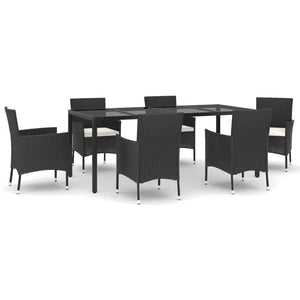 vidaXL 7 Piece Garden Dining Set with Cushions Black Poly Rattan