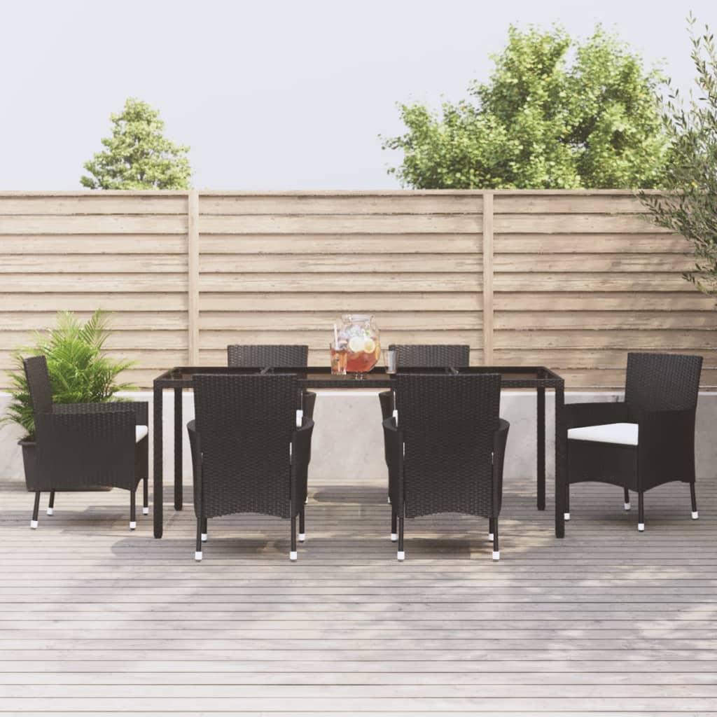 vidaXL 7 Piece Garden Dining Set with Cushions Black Poly Rattan