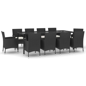 vidaXL 11 Piece Garden Dining Set with Cushions Black Poly Rattan