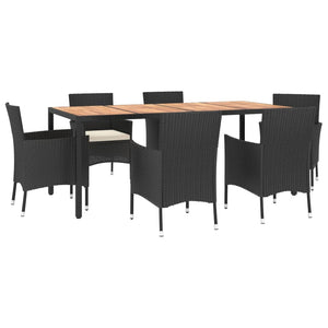 vidaXL 7 Piece Garden Dining Set with Cushions Black Poly Rattan