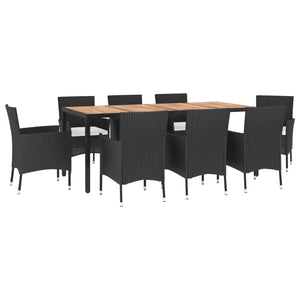 vidaXL 9 Piece Garden Dining Set with Cushions Black Poly Rattan