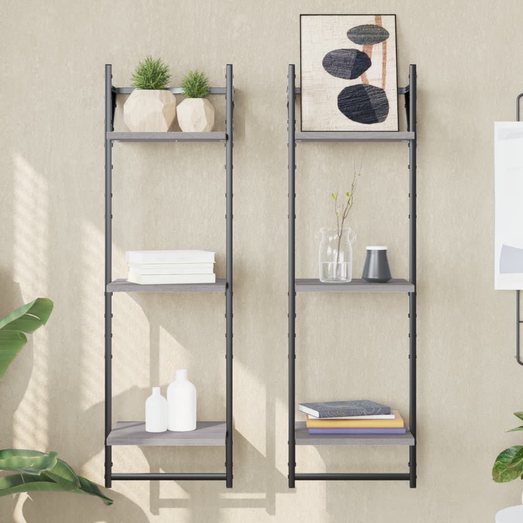 vidaXL 3-Tier Wall Shelves with Bars 2 pcs Grey Sonoma 30x25x100 cm