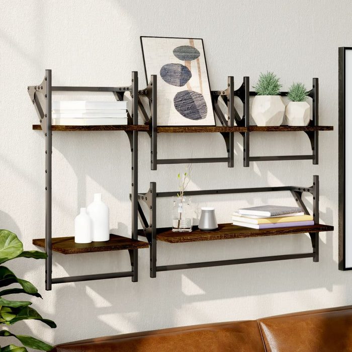 vidaXL 4 Piece Wall Shelf Set with Bars Brown Oak Engineered Wood