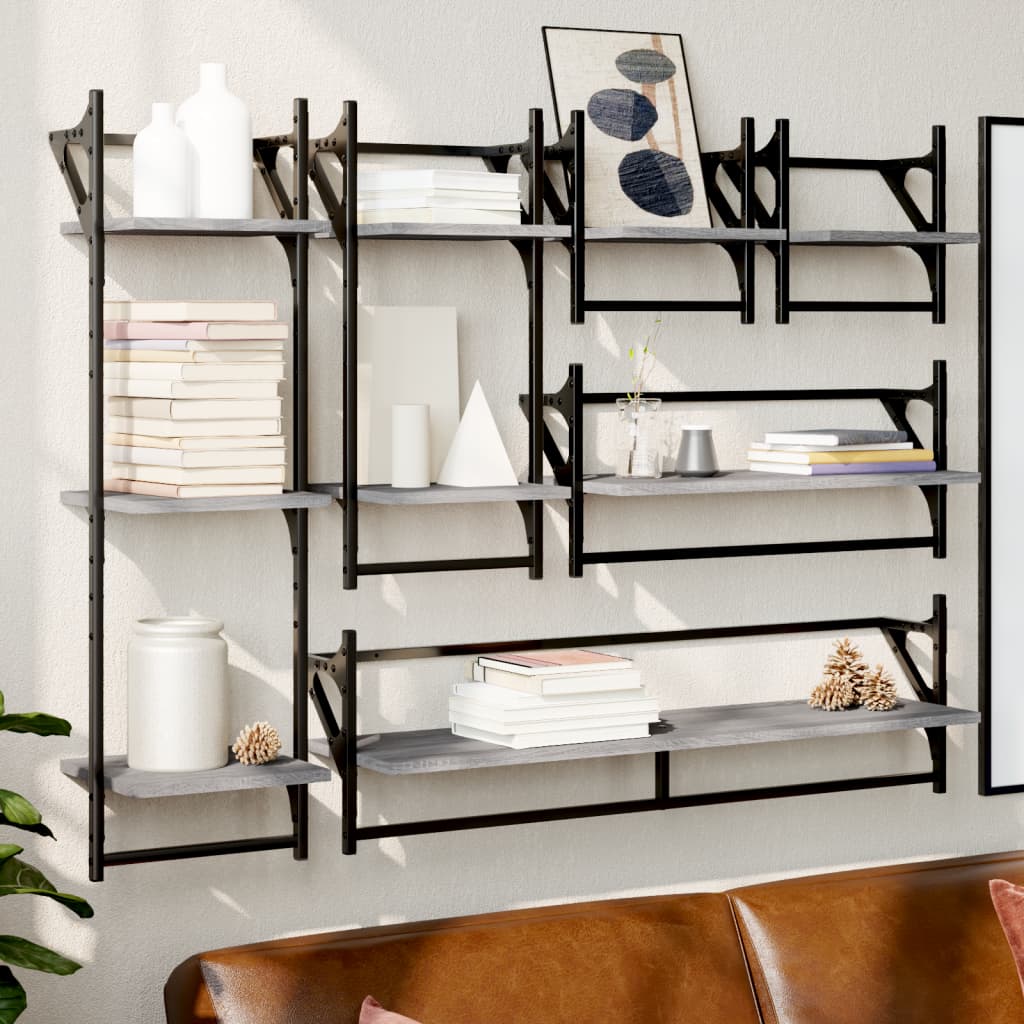 vidaXL 6 Piece Wall Shelf Set with Bars Grey Sonoma Engineered Wood